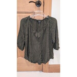 a.n.a Olive Green Short-sleeve Blouse Ruffle Tie Neckline Crinkled Henley PL